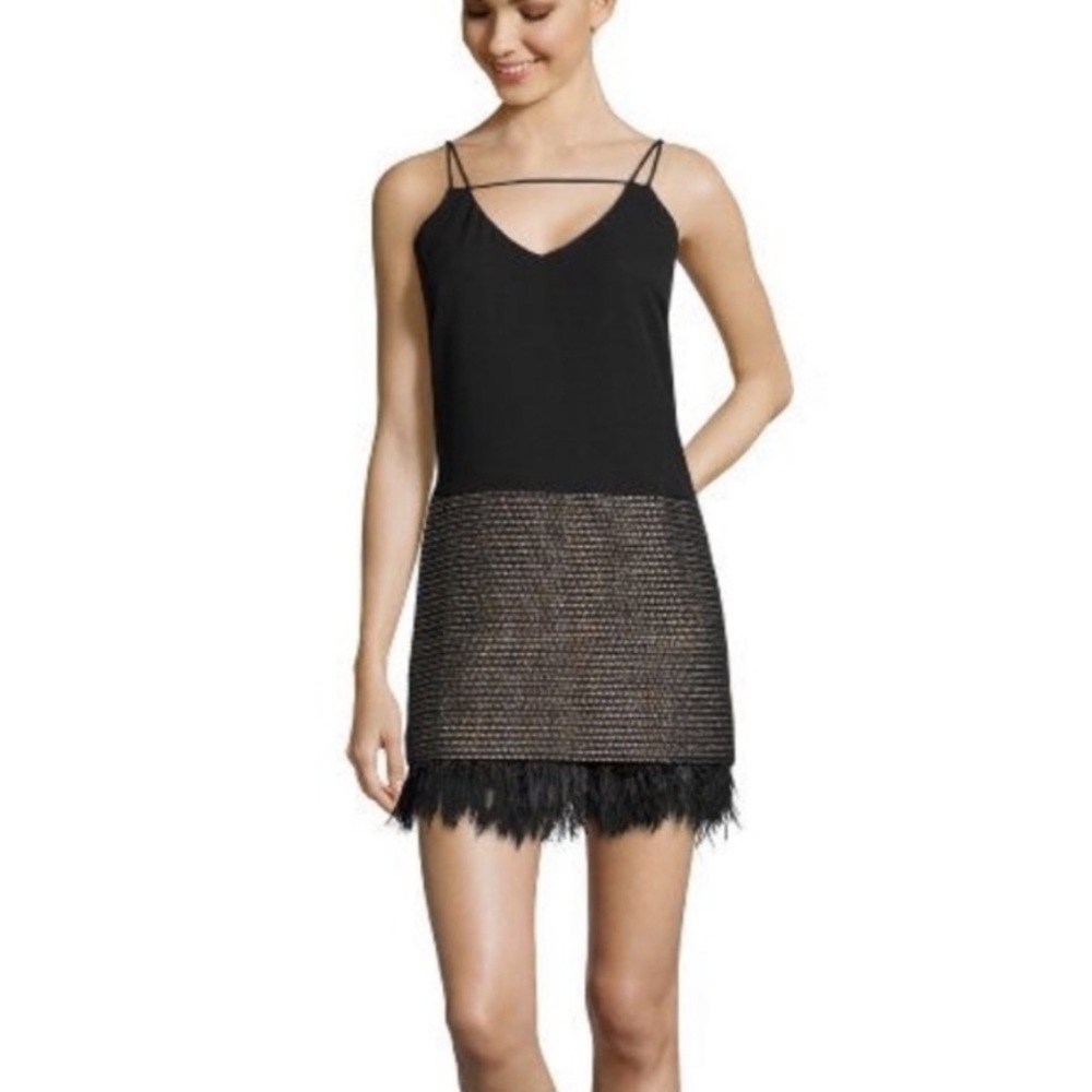 Greylin Feather Trim Tweed Little Black Dress